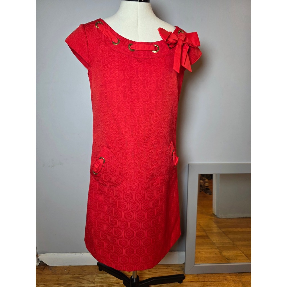 K Studio Collection Red Jacquard Shift Dress Grommet Bow Pocket Size 10 Mod Boho